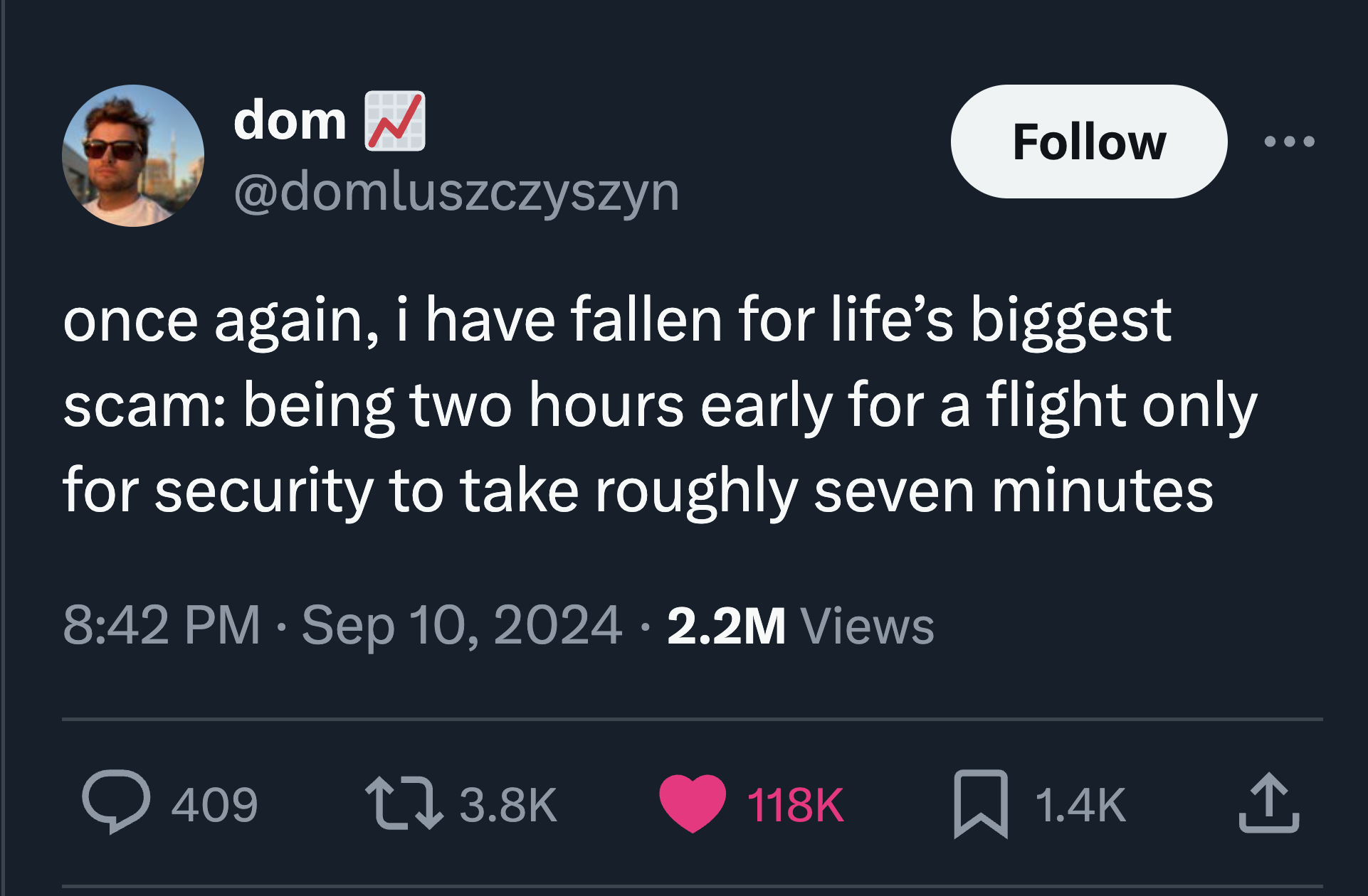 screenshot - dom once again, i have fallen for life's biggest scam being two hours early for a flight only for security to take roughly seven minutes . 2.2M Views 409 t